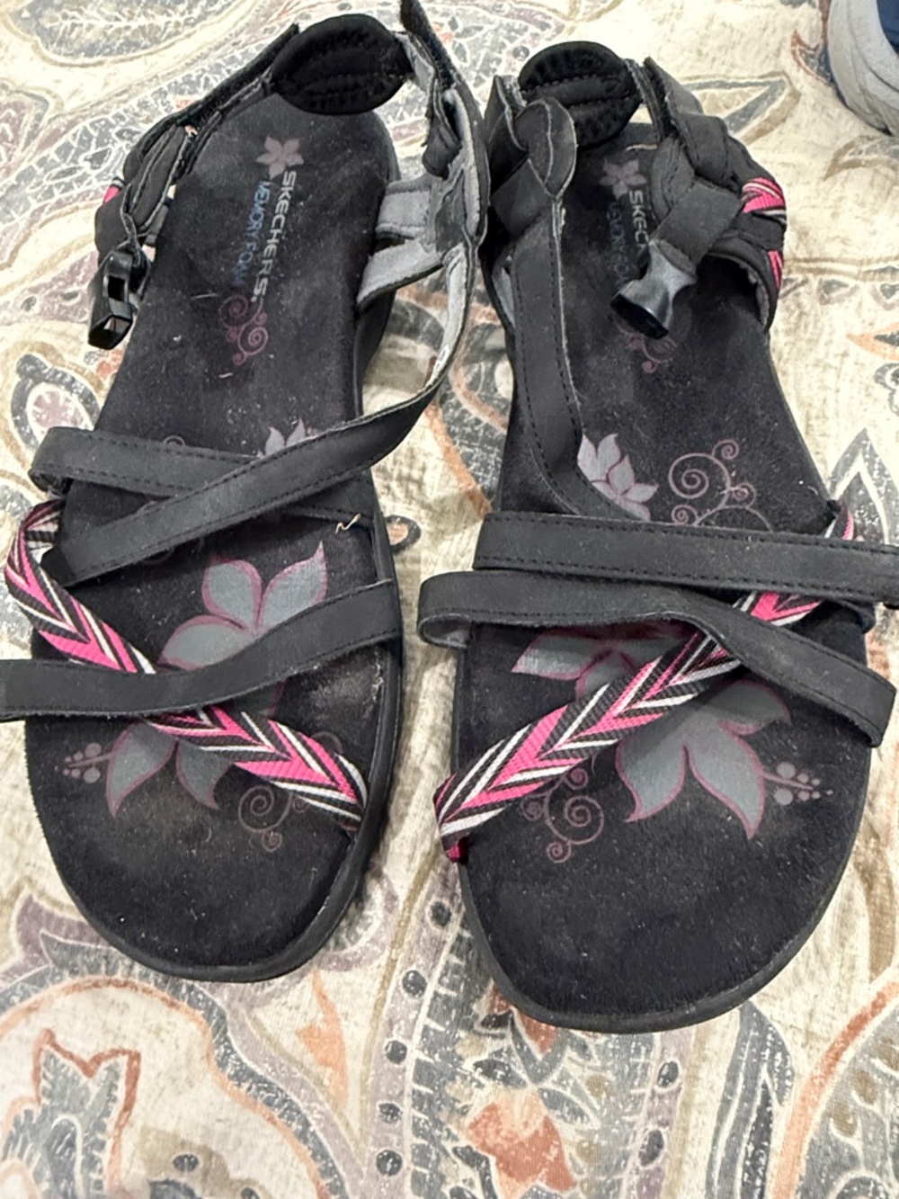 Skechers Black Sandals with Pink Braided Accent size 7